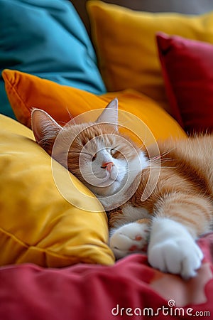 Lazy cute cat sleeping on pile of colorful pillows. The image is generated with the use of an AI. Stock Photo
