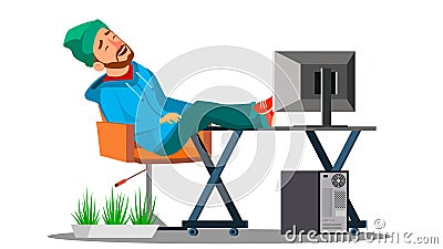 Lazy Employees Office Worker Sleeping In The Workplace With His Feet On The Table Vector. Isolated Illustration Vector Illustration