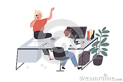 Lazy employees procrastinating, talking on phone and playing computer games at work in office. Careless workers relaxing Vector Illustration