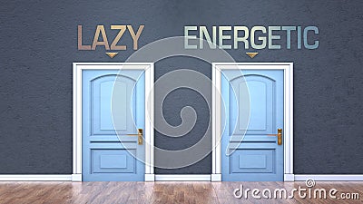 Lazy and energetic as a choice - pictured as words Lazy, energetic on doors to show that Lazy and energetic are opposite options Cartoon Illustration