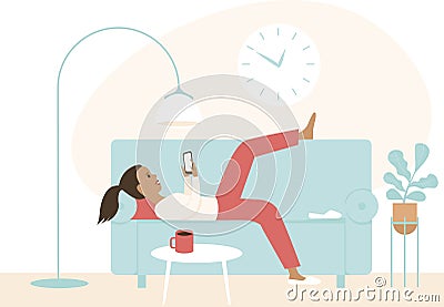 Lazy girl lying on a sofa using smartphone. Chatting in social media, procrastination. Concept for coronavirus COVID-19 quarantine Vector Illustration