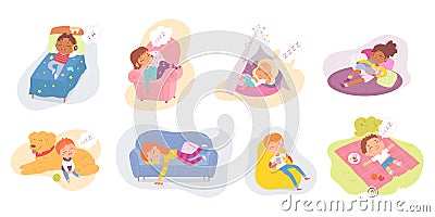 Lazy kids sleep and relax set, cute girl and boy lying on bed, sofa or tent at home Cartoon Illustration