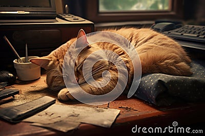 Lazy little kitten lying on a table at the workplace Stock Photo