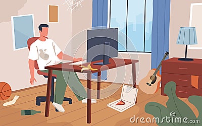 Lazy man at home. Guy leading sedentary lifestyle, homebody sitting at computer, room clutter, clothes dirt stains Vector Illustration