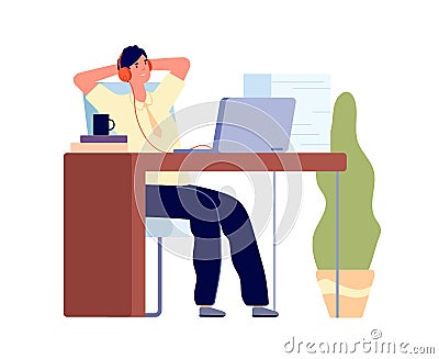 Lazy manager. Business concept, man procrastination at work. Busy male listen music, tired bored guy in anticipation Cartoon Illustration