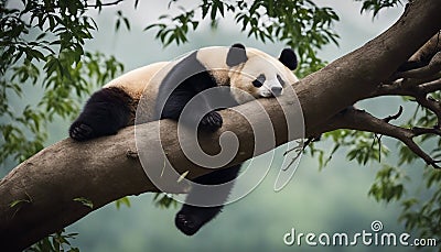 Lazy Panda Bear Sleeping on a Tree Branch, China Wildlife Stock Photo