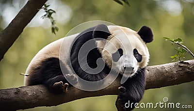 Lazy Panda Bear Sleeping on a Tree Branch, China Wildlife Stock Photo