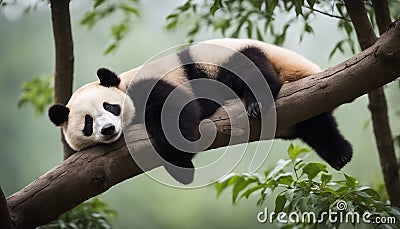 Lazy Panda Bear Sleeping on a Tree Branch, China Wildlife Stock Photo