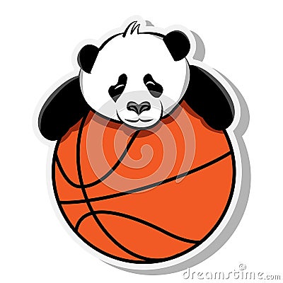 Lazy panda on the orange basketball sticker mascot cute funny animal Vector Illustration