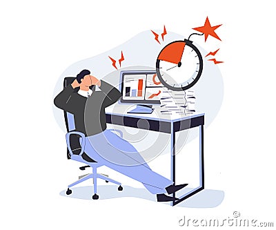 Lazy person procrastinate, postpone businesses, breake deadlines. Procrastination concept. Careless idle unproductive Cartoon Illustration