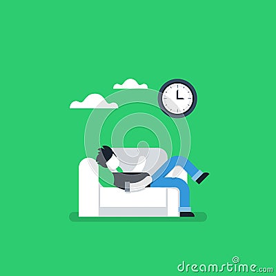 Lazy person resting on sofa, procrastination habit Vector Illustration