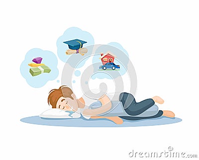 Lazy Person Sleep And Dreams Of Being Rich And Successful Cartoon illustration Vector Vector Illustration