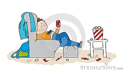 Lazy teenage boy sitting in the armchair, watching TV Vector Illustration