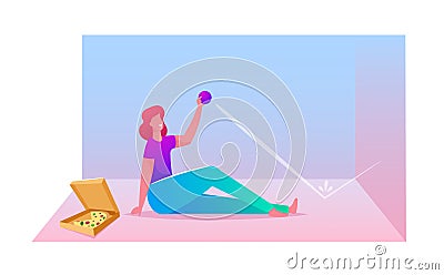 Lazy Weekend Day, Procrastination and Relaxed Home Spare Time Concept. Female Character Sitting on Floor with Pizza Box Vector Illustration
