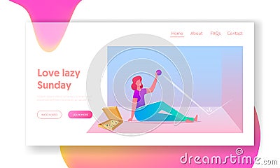 Lazy Weekend Day and Relaxed Home Spare Time Landing Page Template. Female Character Sitting on Floor with Pizza Vector Illustration