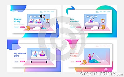 Lazy Weekend Landing Page Template Set. Characters Lying on Bed, Relaxing at Home Watching Tv, Eating Fast Food Pizza Vector Illustration