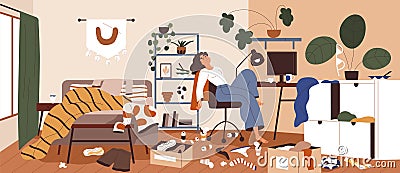 Lazy woman in messy and dirty room. Sluggish person with mess, litter and scattered stuff around. Disorder, clutter and Vector Illustration