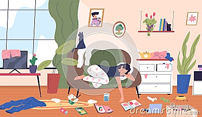 Lazy woman room. Apathetic sad girl relax lying on couch untidy apartment home disorder with dirty socks or trash Vector Illustration