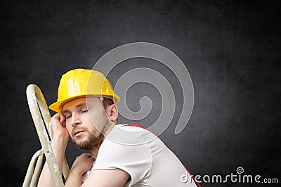 Lazy worker with ladder Stock Photo