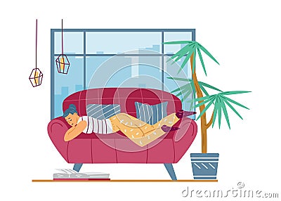 Lazy young woman relax lying on couch and feeling depression, laziness or apathy Vector Illustration