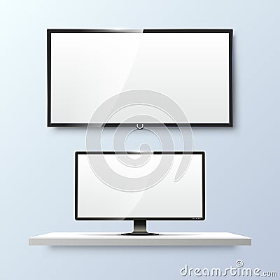 Lcd monitor and empty white flat TV screen. Vector Vector Illustration