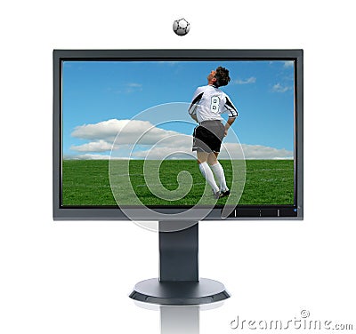 LCD Monitor and Soccer Player Stock Photo