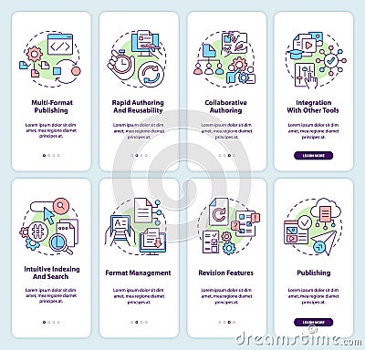 LCMS and CMS features onboarding mobile app screen set Stock Photo