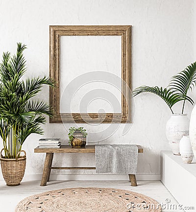 Ld wooden frame mock-up in interior background,Scandi-boho style Stock Photo