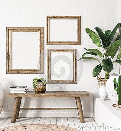 Ld wooden frame mock-up in interior background,Scandi-boho style Stock Photo