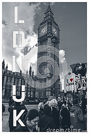 LDN Text Banner - London scene - Westminster and big ben Editorial Stock Photo