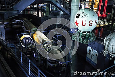 Interior of the Museum of comonautic and aviation Le Bourget, historical rockets and satellites from explorations, Paris Editorial Stock Photo