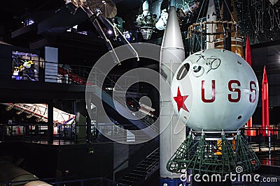 Interior of the Museum of comonautic and aviation Le Bourget , historical rockets and satellites, from explorations , Paris Editorial Stock Photo
