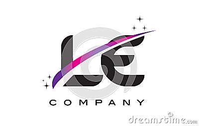 LE L E Black Letter Logo Design with Purple Magenta Swoosh Vector Illustration