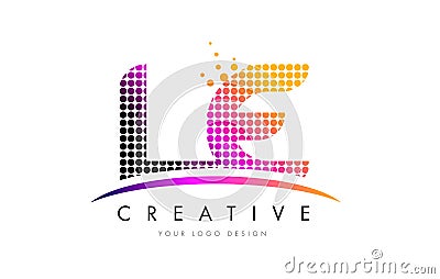 LE L E Letter Logo Design with Magenta Dots and Swoosh Vector Illustration