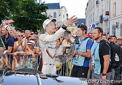 LE MANS, FRANCE - JUNE 16, 2017: Brendon Hartley driver of team of Porsche LMP 919 Hybrid during Parade of pilots racing Editorial Stock Photo
