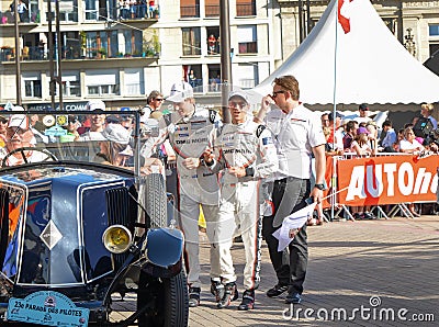 LE MANS, FRANCE - JUNE 16, 2017: Brendon Hartley and Timo Bernhard team of Porsche LMP 919 Hybrid during Parade of pilots racing Editorial Stock Photo