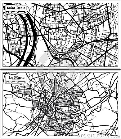 Le Mans and Saint-Denis France Maps Set in Black and White Color Stock Photo