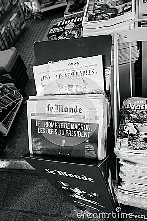 Le Monde with President`s Challenges Emmanuel Macron after elect Editorial Stock Photo