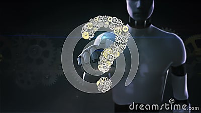 Le robot, cyborg a touché l'écran, vitesses d'or en acier faisant la forme de point d'interrogation intelligence de vision Le robot, cyborg a touché l'écran, vitesses d'or en acier faisant la forme de point d'interrogation intelligence de vision