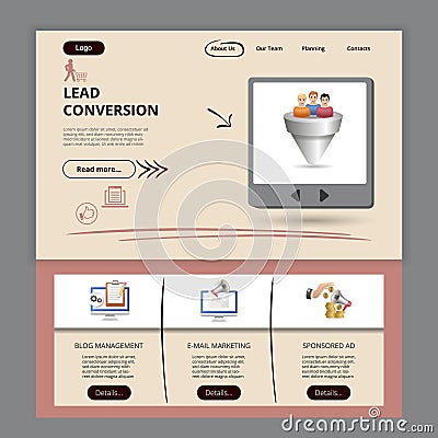 Lead conversion flat landing page website template. Blog management, e-mail marketing, sponsored ad. Web banner with Vector Illustration