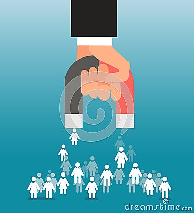 Lead generation. Magnet in hand attracts consumers. Sales and leads, marketing vector concept Vector Illustration