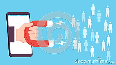 Lead generation. Smartphone screen with hand holding magnet attract new customers icons. Flat social media inbound Vector Illustration