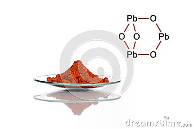 Lead (II,IV) oxide in Chemical Watch Glass on white laboratory table with chemical compound structure Stock Photo