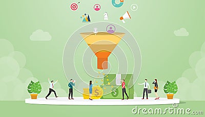 Lead management strategy business concept with marketing sales funnel team people - vector Cartoon Illustration