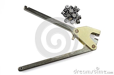 Lead sealing press with a lead seal Stock Photo