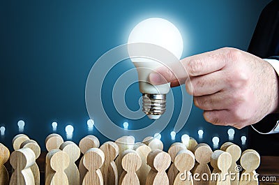 Leader accumulates ideas and experience to make a solution. Project leader. Research and development. Stock Photo