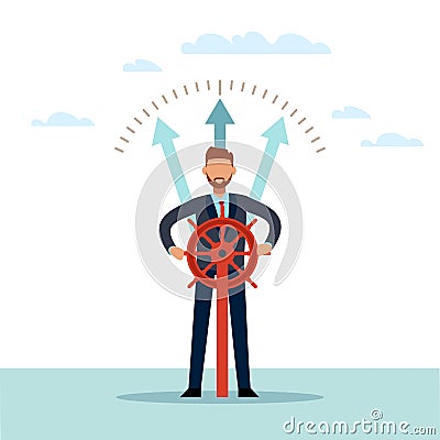 Leader. Business direction. Businessman steers wheel. Team or company captain. Choice of strategy and future, path to Vector Illustration