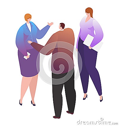 Leader chief businessman talk businesswoman discuss business company plan isolated on white, isometric vector Vector Illustration