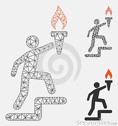 Leader Climb with Torch Vector Mesh Carcass Model and Triangle Mosaic Icon Vector Illustration