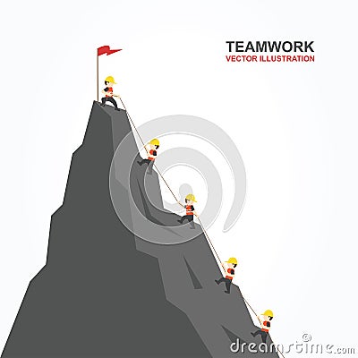 Leader help their friend to climb to the top of the mountain. Vector illustration. Stock Photo